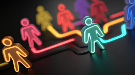 This vibrant digital illustration features neon figures connected by colorful lines, symbolizing connectivity and interaction in a modern network environment.の素材