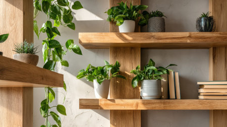 A serene arrangement of indoor plants on wooden shelves, showcasing natural beauty and modern design. This photo captures the essence of greenery and tranquility.の素材