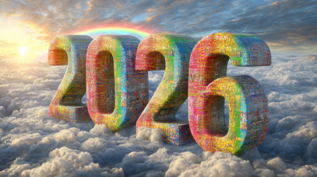 A stunning 3D representation of the year 2026, surrounded by fluffy clouds and a vibrant rainbow, symbolizes hope, creativity, and new beginnings in a colorful sky.の素材
