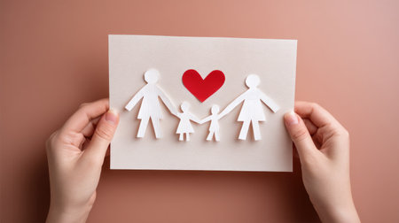 This creative paper art piece showcases a family holding hands with a heart in the center, symbolizing love, unity, and togetherness. Perfect for family-themed concepts.の素材