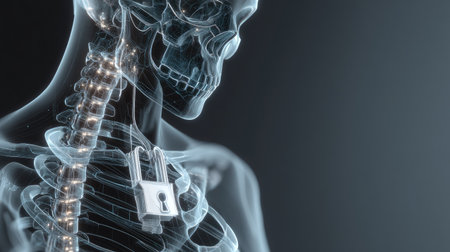 This image features a transparent skeleton with a padlock, symbolizing security and protection. The x-ray effect highlights the anatomy while representing safety and privacy in health contexts.の素材
