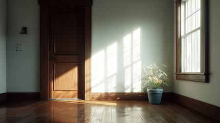 A serene interior scene showcasing a sunlit room with wooden floors and a potted plant in the corner, capturing the essence of tranquility and warmth.の素材