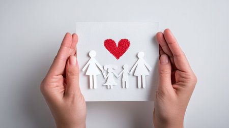 A pair of hands delicately holds a handmade family illustration featuring a heart. This art symbolizes love, unity, and connection in relationships.の素材