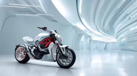 A striking modern motorcycle displayed in a futuristic environment, showcasing advanced design and engineering marvels, perfect for enthusiasts and industry professionals.の素材