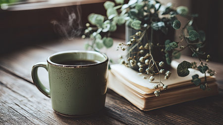 A serene scene featuring a steaming coffee mug beside a book and greenery on a rustic wooden table. Perfect for evoking warmth and comfort.の素材