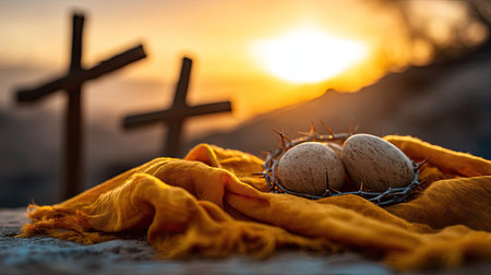 A serene sunset scene featuring a nest of eggs surrounded by a crown of thorns, with crosses silhouetted in the background, evoking themes of renewal and hope.の素材