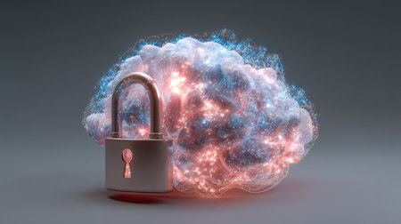 A vibrant digital representation of a padlock intertwined with an abstract brain, symbolizing the fusion of security and creativity in technology and innovation.の素材