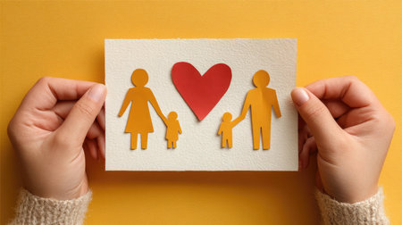 A warm paper cutout of a family holding a heart card on a bright yellow background, symbolizing love, unity, and togetherness. Perfect for family-themed projects.の素材