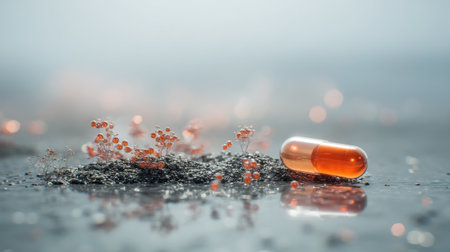 A close-up view of an orange capsule resting on a reflective surface with tiny droplets in the background, creating an abstract and tranquil atmosphere.の素材