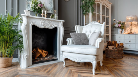 Discover an elegant living room featuring a white armchair beside a cozy fireplace. The stylish decor and wooden elements create a warm, inviting atmosphere.の素材