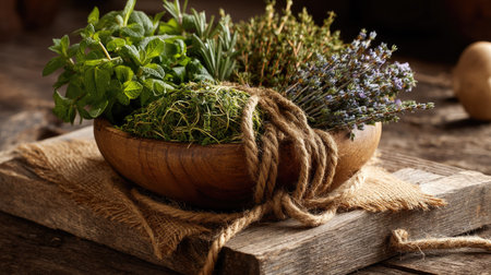 Explore the beauty of fresh culinary herbs displayed in a rustic wooden bowl. Ideal for food enthusiasts, cooking, and natural decor inspiration.の素材