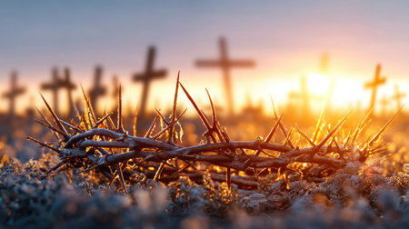A powerful image showcasing a crown of thorns resting in a graveyard at sunrise. The warm light contrasts with the silhouettes of crosses, evoking deep reflection and spirituality.の素材