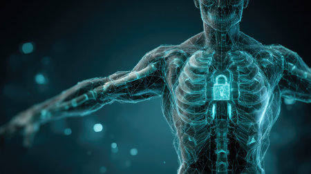 Explore the concept of security and privacy represented through a digital human model with a lock, emphasizing the intersection of health and technology.の素材