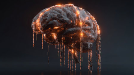 This captivating conceptual artwork features a stylized brain with chains and glowing orange lights, symbolizing connectivity and the tension between freedom and restriction. Perfect for technology and neuroscience themes.の素材