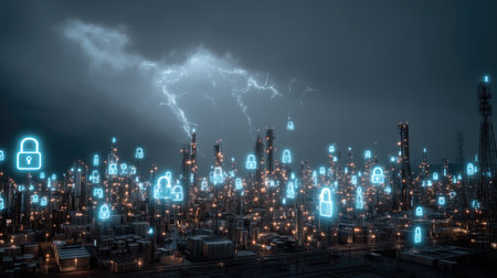 This dramatic cityscape features glowing security symbols against a stormy backdrop, highlighting themes of technology, protection, and innovation in an urban setting.の素材