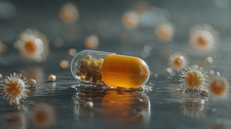 A close-up image of a translucent medicine capsule with an orange liquid and golden beads inside, surrounded by microbial shapes and water droplets, symbolizing health and pharmaceutical concepts.の素材