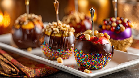 Indulge in these beautifully crafted chocolate-covered apples adorned with colorful sprinkles and nuts. Perfect for celebrations and festive gatherings!の素材