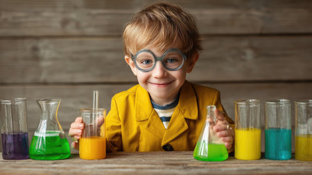A cheerful child in a yellow coat and glasses engages in fun experiments with colorful liquids in a laboratory setup, showcasing curiosity and creativity.の素材
