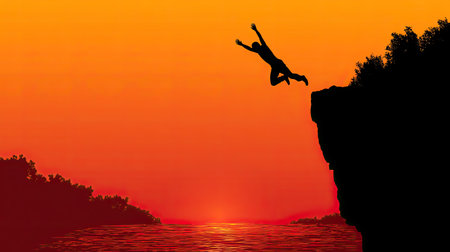 A stunning silhouette of a person jumping off a cliff into calm water during a vibrant sunset. This image captures the essence of adventure and freedom.の素材