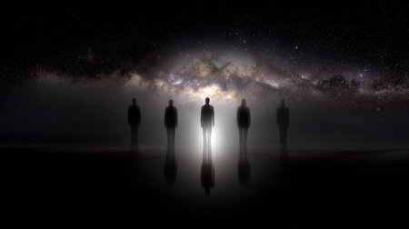This captivating image features silhouettes of figures standing in a cosmic scene, evoking feelings of wonder and contemplation against a vast starry backdrop.の素材