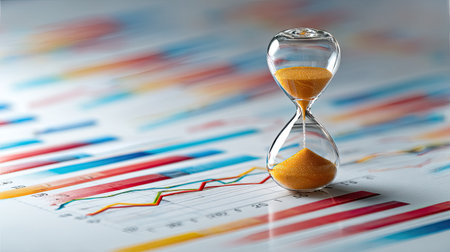 An hourglass rests on a vibrant chart background, symbolizing the importance of time in data analysis and business performance metrics for informed decision-making.の素材