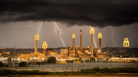 A powerful storm showcases bright lightning illuminating an industrial facility, with security symbols highlighting the need for safety measures in energy production.の素材