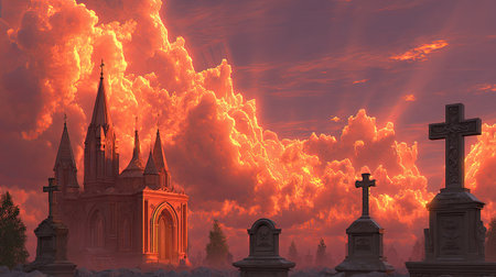 A stunning scene featuring a gothic church silhouette against a dramatic sunset. The graveyard and crosses create a spiritual atmosphere, perfect for contemplative moments.の素材