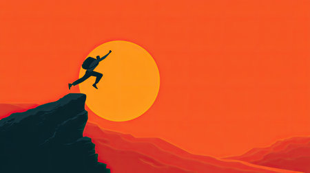 A dynamic silhouette of an adventurer leaping off a rocky edge towards a vibrant sunset, capturing the spirit of exploration and bold ambition.の素材