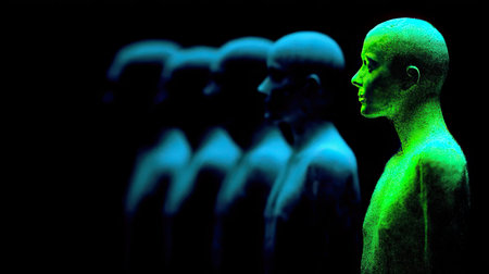 This artwork features human figures in neon colors against a dark background, showcasing soft focus and artistic contrast, ideal for creative projects.の素材