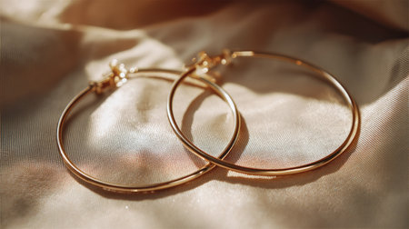 A stunning close-up of elegant gold hoop earrings displayed on soft fabric, embodying glamour and sophistication for jewelry enthusiasts and fashion lovers.の素材