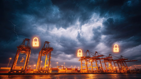 This image captures a dramatic port scene under a stormy sky, featuring cranes and overlayed security locks, symbolizing protection and technology in maritime operations.の素材