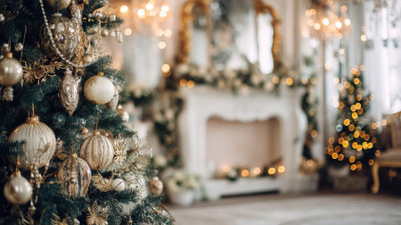 A beautifully styled Christmas interior featuring a decorated tree, elegant ornaments, and a cozy fireplace. The scene captures the warmth and festive spirit of the holiday season.の素材