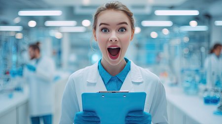 A joyful female scientist holds a clipboard in a vibrant laboratory. Her expression conveys excitement and engagement in scientific discovery. Ideal for research or education themes.の素材