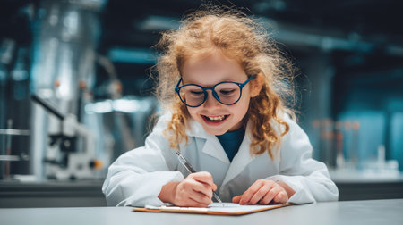 A joyful young girl in a lab coat and glasses writes notes in a laboratory, showcasing curiosity and enthusiasm for science and discovery in a learning environment.の素材