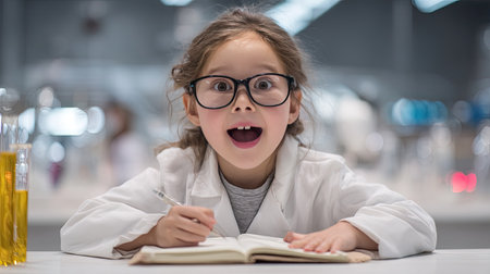A joyful young girl in a lab coat and oversized glasses demonstrates excitement while conducting a science experiment in a modern laboratory setting.の素材