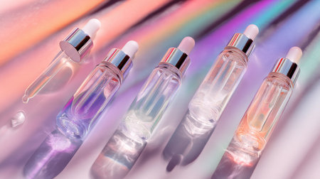 A collection of elegant serum bottles with droppers displayed on a colorful shimmering surface. Ideal for beauty and wellness themes in marketing and design.の素材