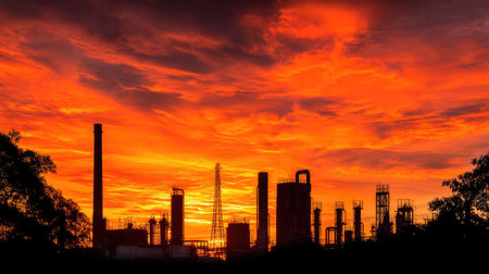 Stunning industrial scene featuring silhouettes of refineries and oil rigs against a vibrant sunset. The dramatic sky enhances the industrial backdrop, showcasing energy production.の素材
