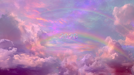 A captivating sky scene featuring fluffy clouds, a soft rainbow, and pastel hues. This serene image evokes feelings of peace and inspiration for creative projects.の素材