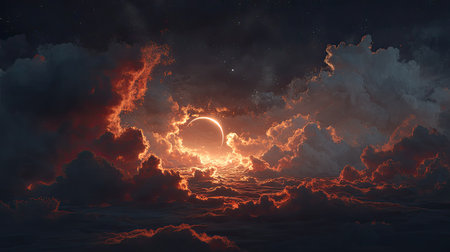 This stunning image captures a breathtaking sunset with dramatic clouds reflecting vibrant colors as an eclipse frames the glowing horizon.の素材