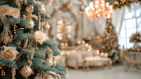 Discover the elegance of Christmas with this beautiful tree featuring soft flowers and glowing lights, creating a warm and inviting holiday atmosphere.の素材