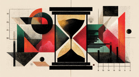 This abstract artwork features an hourglass surrounded by vibrant geometric shapes and colors, illustrating the passage of time in a creative and modern style.の素材