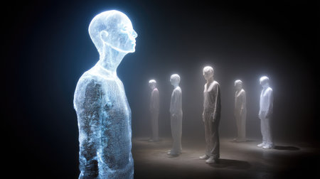 This stunning image features ethereal human figures illuminated in a dark space, showcasing glowing outlines and surreal perspectives for a futuristic feel.の素材