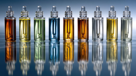 A striking collection of colorful essential oils presented in glass droppers, showcasing reflections on a smooth surface, perfect for wellness and beauty themes.の素材