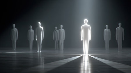 A mesmerizing scene featuring ethereal figures illuminated by a central beam of light, creating a mystical atmosphere that evokes feelings of isolation and tranquility amidst darkness.の素材