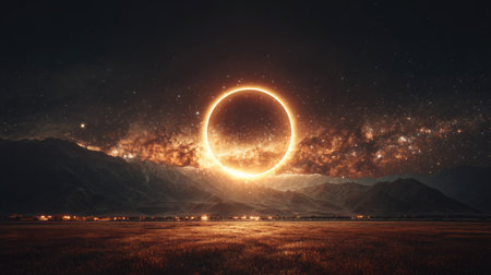 Experience a mesmerizing cosmic sunset, featuring a glowing ring among stars with majestic mountains in the backdrop, showcasing nature's breathtaking beauty.の素材