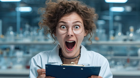 A jubilant female scientist displays sheer excitement while celebrating a discovery in her laboratory. Her expressive face and laboratory setting convey the joy of scientific breakthroughs.の素材
