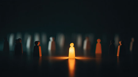 A striking image featuring a single illuminated figure surrounded by shadowy silhouettes, representing hope, individuality, and inspiration amidst darkness.の素材