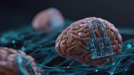 This conceptual image showcases a brain secured by a digital lock amid a network of connections, symbolizing the intersection of intelligence and technology.の素材