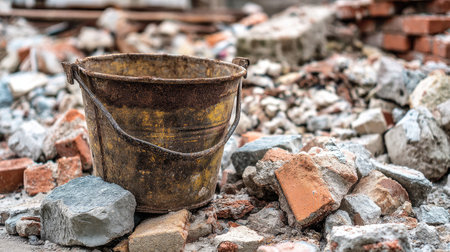 An old, rusty bucket sits among piles of rubble and debris from a demolition site. The scene captures the chaotic aftermath of construction, evoking feelings of abandonment and change.の素材