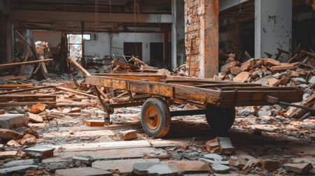 A detailed view of an abandoned industrial space featuring a weathered wooden cart surrounded by rubble and debris, evoking a sense of decay and neglect.の素材